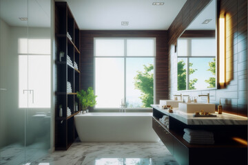 Fototapeta premium Modern bathroom interior design, Luxury yet minimalist clean, bright and hygienic spacious bathroom with shower, toilets, mirrors, bathtub and natural green plant in a hotel, apartment, or house.