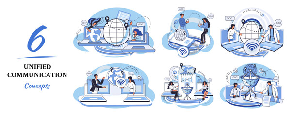 Unified communication metaphor. Characters use wireless telephony connection. Telecommunication system via cloud or network. Social media creative idea. Online social network. Business interaction app