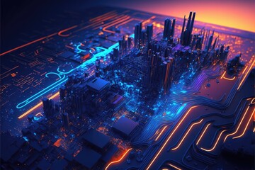 Sunset over flat surface made of electronic digital elements, interconnected circuits, chips, connections in neon colors glowing in dark. AI generative illustration, AI generated background.