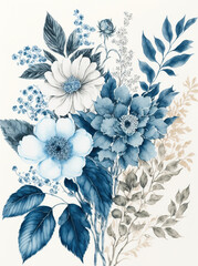 boho minimalist watercolor floral elegance  french blue background, AI assisted finalized in Photoshop by me 