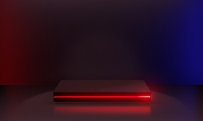 Red futuristic pedestal for display. Blank square podium for product. 3d rendering illustration.