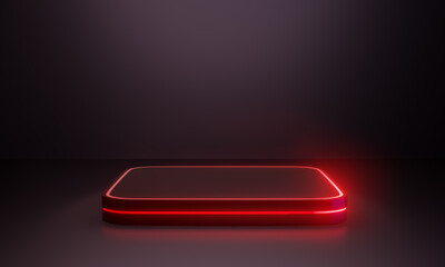Red futuristic pedestal for display. Blank round square podium for product. 3d rendering illustration.