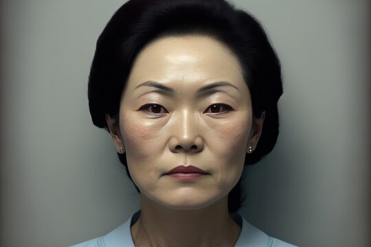 Mature Korean woman mug shot.  Image generated with generative AI	