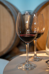 Tasting of rioja wines, visit of winery cellars with french or american oak barrels with agening red wine, Rioja wine making region, Spain