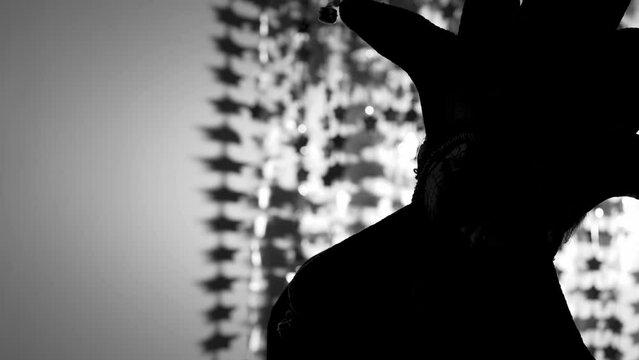 Person in the carnival mask of harlequin in the darkness.
