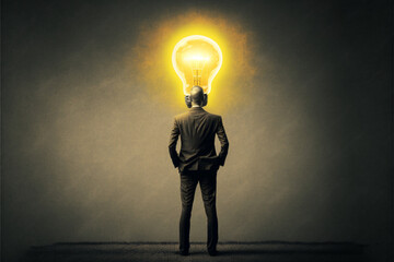 Business Idea Illustration. A Businessman with a lightbulb over his head. Generative AI