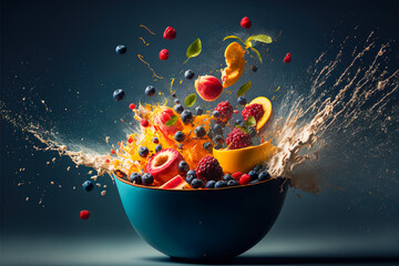 Fruit falling inside a blue bowl with splashing juice, Generative AI