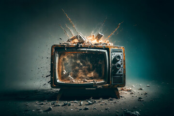 An old television exploding with fire and smoke, Generative AI - obrazy, fototapety, plakaty