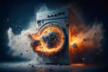 An exploding washing machine with fire and smoke, Generative AI