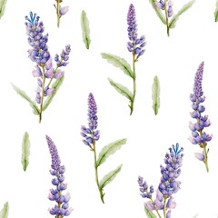 Naklejka premium Lavender flowers floral watercolor decorative seamless pattern background