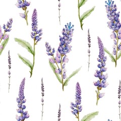 Lavender flowers floral watercolor decorative seamless pattern background