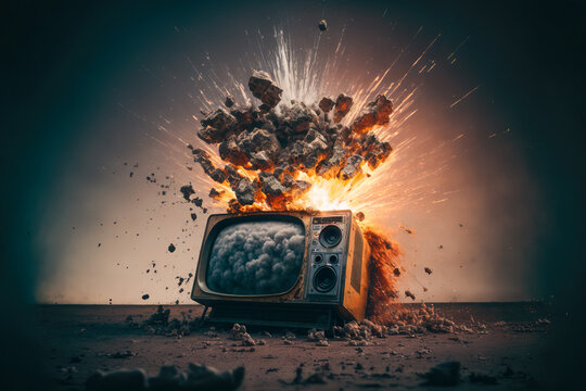 An old TV set exploding with fire and smoke, Generative AI