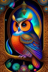 Fantastic colorful owl on a branch created with Generative AI technology