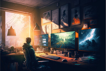 Fototapeta premium many people are working remotely from home. other colleagues working together online on a web monitor. They are connected through internet and using various technologies to collaborate generative ai