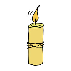 Burning birthday candle. Single doodle illustration. Hand drawn clipart for card, logo, design