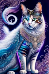 Stunning beautiful cat, ethereal silvery flowing hair formed by filigree and lace, created with Generative AI technology
