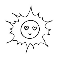 Hand drawn happy sun emoji. Summer doodle. Single vector element for design