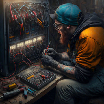 illustration of an electrician performing checks with a multimeter on an electrical panel made with artificial intelligence