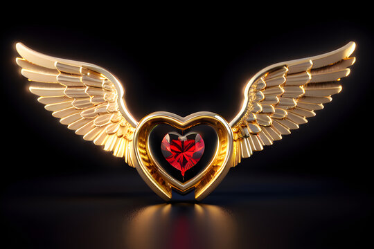 heart with gold wings and golden frame, made by generative AI