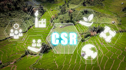 CSR Corporate Social Responsibility concept, Green forrest background with corporate social...