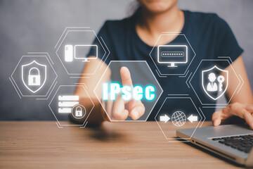 IPSec, Internet and Protection Network Vector concept, Person using laptop computer and hand...