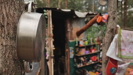 Beggars huts of homeless people near the landfill.