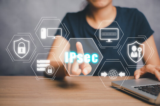 IPSec, Internet and Protection Network Vector concept, Person using laptop computer and hand touching IPsec icon on virtual screen.