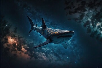 Fototapeta premium Celestial Shark Diving In the Sky, Between The Stars, and Galaxies, and Nebulas, And Constellations, This Shark Moves on Waters from Above, Generative AI