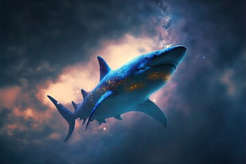 Fototapeta premium Celestial Shark Diving In the Sky, Between The Stars, and Galaxies, and Nebulas, And Constellations, This Shark Moves on Waters from Above, Generative AI