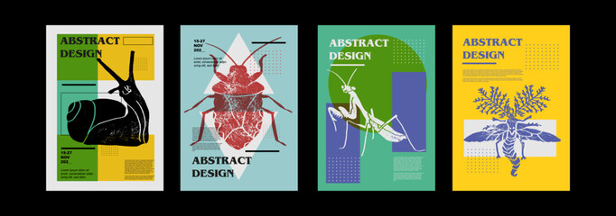 Cochlea, helix, snail, beetle dorr, mantis, Glowworm. Set of vector posters with insects. Engraving illustrations and typography. Background images for cover, banner © zhu