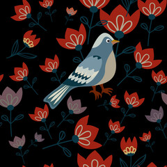 Vector seamless pattern with flowers and a bird.