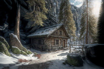 beautiful winter hut in a stunning alpine landscape, winter scenery, art illustration 
