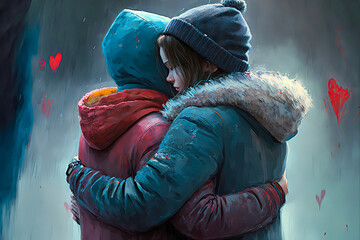 Valentine's Day back view of a couple hugging, generative AI