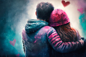 Valentine's Day back view of a couple hugging, generative AI
