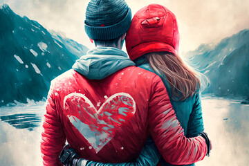 Valentine's Day back view of a couple hugging, generative AI