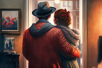 Valentine's Day back view of a couple hugging, generative AI
