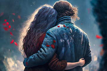 Valentine's Day back view of a couple hugging, generative AI