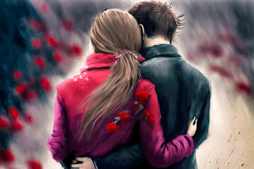 Valentine's Day back view of a couple hugging, generative AI