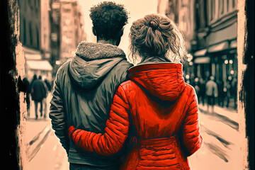 Valentine's Day back view of a couple hugging, generative AI