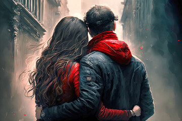 Valentine's Day back view of a couple hugging, generative AI