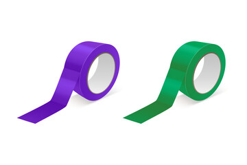 Vector 3d Realistic Glossy Purple and Green Tape Roll Icon Set, Mock-up Closeup Isolated on White Background. Design Template of Packaging Sticky Tape Roll or Adhesive Tape for Mockup. Front View