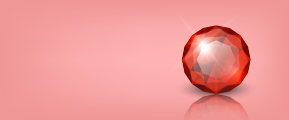 Naklejka premium Vector Horizontal Banner with 3d Realistic Red Transparent Round Glowing Gemstone, Diamond, Crystal, Rhinestone Closeup on Red Background with Reflection. Jewerly Concept. Design Template