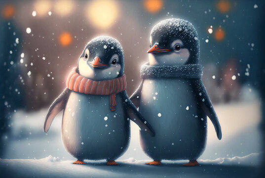 Cute penguins in the snow AI generative	