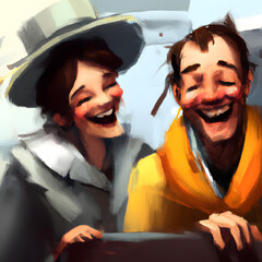 Two people laughing, digital art