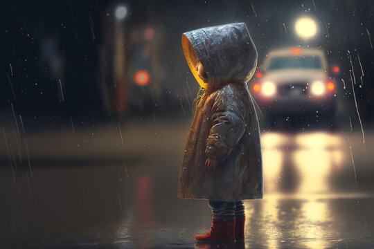 A young child with yellow coat and red boots, in the rain. This is not a real person. Generative AI illustration