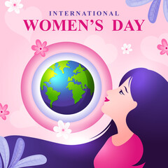 International women's day minimalist design with three beautiful long hair women and globe illustration 