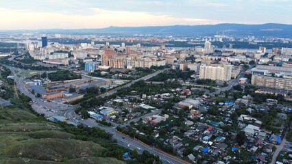 Krasnoyarsk city aerial panoramic view from Karaulnaya Mountain.