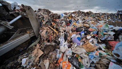 Work of a bulldozer at a landfill.