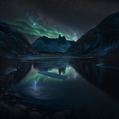 A beautiful image of a black lake with aurora borealis in the middle of 2 mountains with a black lake