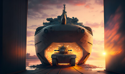 Loading military equipment on warship for war. Concept transfer army forces on mission, provision. Generation AI